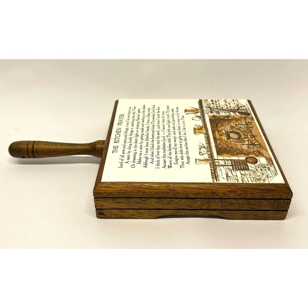 Vintage Mid Century The Kitchen Prayer Wood Framed Ceramic Tile Trivet Japan